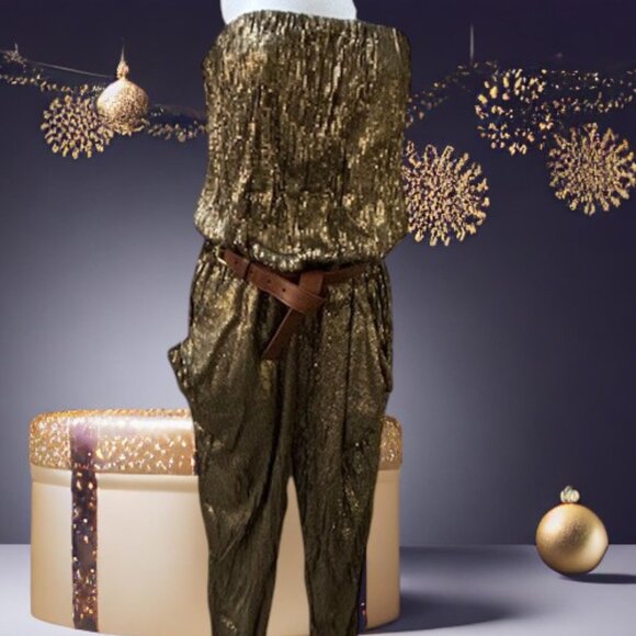Michael Kors STUNNING Gold Sequin Strapless Jumpsuit w/Removable belt XS  NWOT - Picture 4 of 16